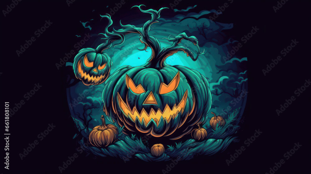 Illustration of a Halloween pumpkin in dark cyan tones.