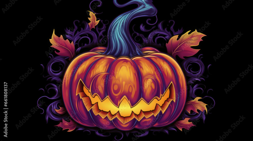 Illustration of a Halloween pumpkin in dark purple tones.