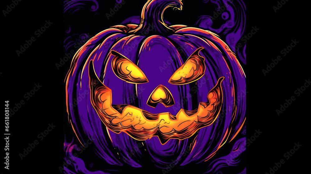 Illustration of a Halloween pumpkin in dark purple tones.