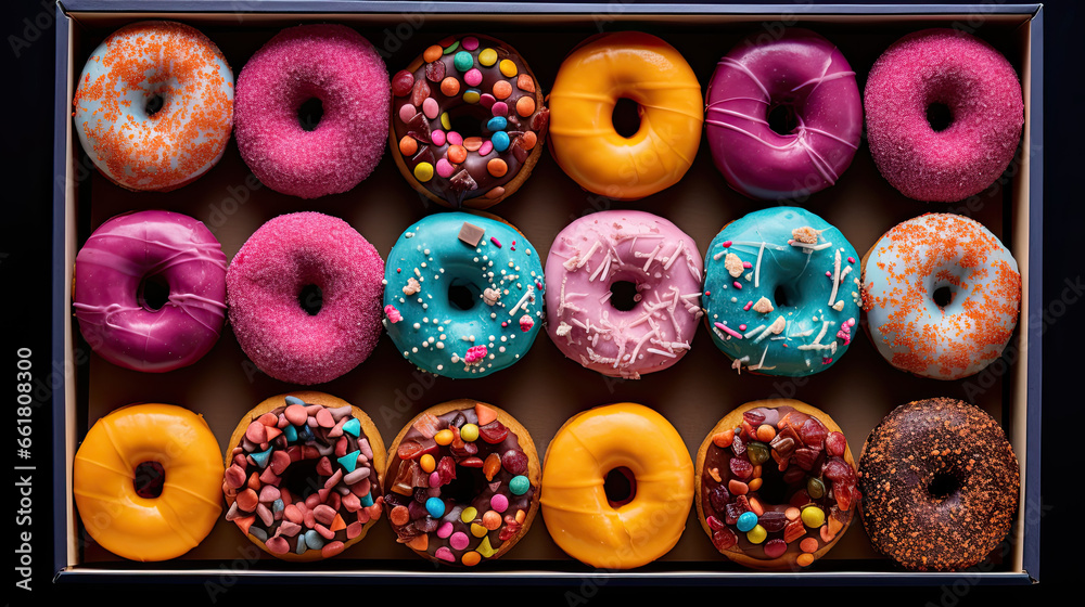 colourful donuts in the box top view colourful donuts in the box top view
