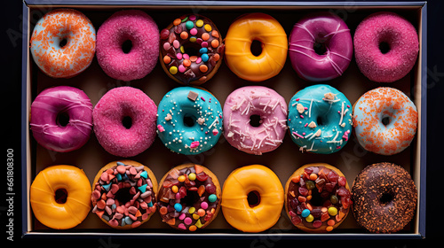 colourful donuts in the box top view