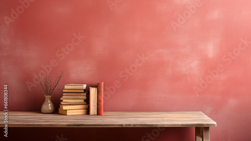 Tapety artystyczne Limewashed red wall with wooden table surface and clutter