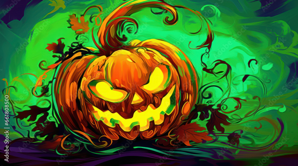 Illustration of a Halloween pumpkin in vivid green tones.