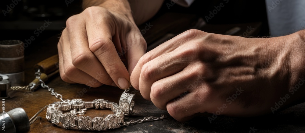 Jeweler craftsman repairing silver bracelet with hands With copyspace for text - obrazy, fototapety, plakaty 