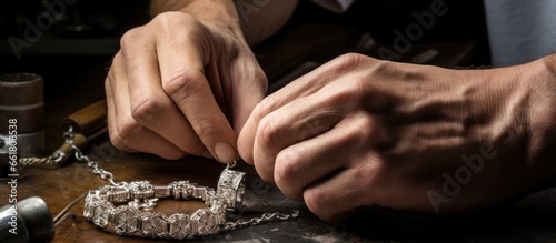 Jeweler craftsman repairing silver bracelet with hands With copyspace for text photo