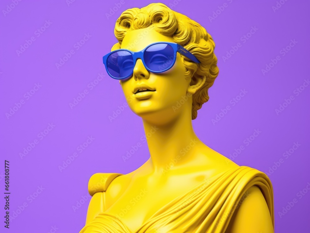 Ancient Greek woman bust, wear sunglasses, smiling, minimal concept trend