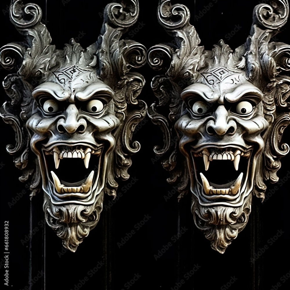 Ferocious demons in silver. Perfect for fantasy, high fantasy, book covers, cards, invitations, games and more. Ferocious demons in silver. Perfect for fantasy, high fantasy, book covers, cards, invitations, games and more.