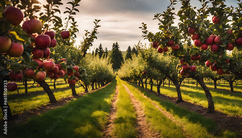 picturesque apple orchard with rows of apple trees, ready for a day of apple picking and cider tasting - obrazy, fototapety, plakaty 