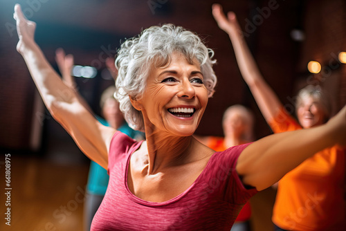 Image of a group of women over 50 years old doing a Zumba class at a sports center Concept of health and wellness. photo