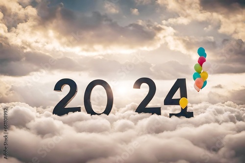 The numbers 2 0 2 4 Huai are with helium balloons. rising into the sky,Generat Ai