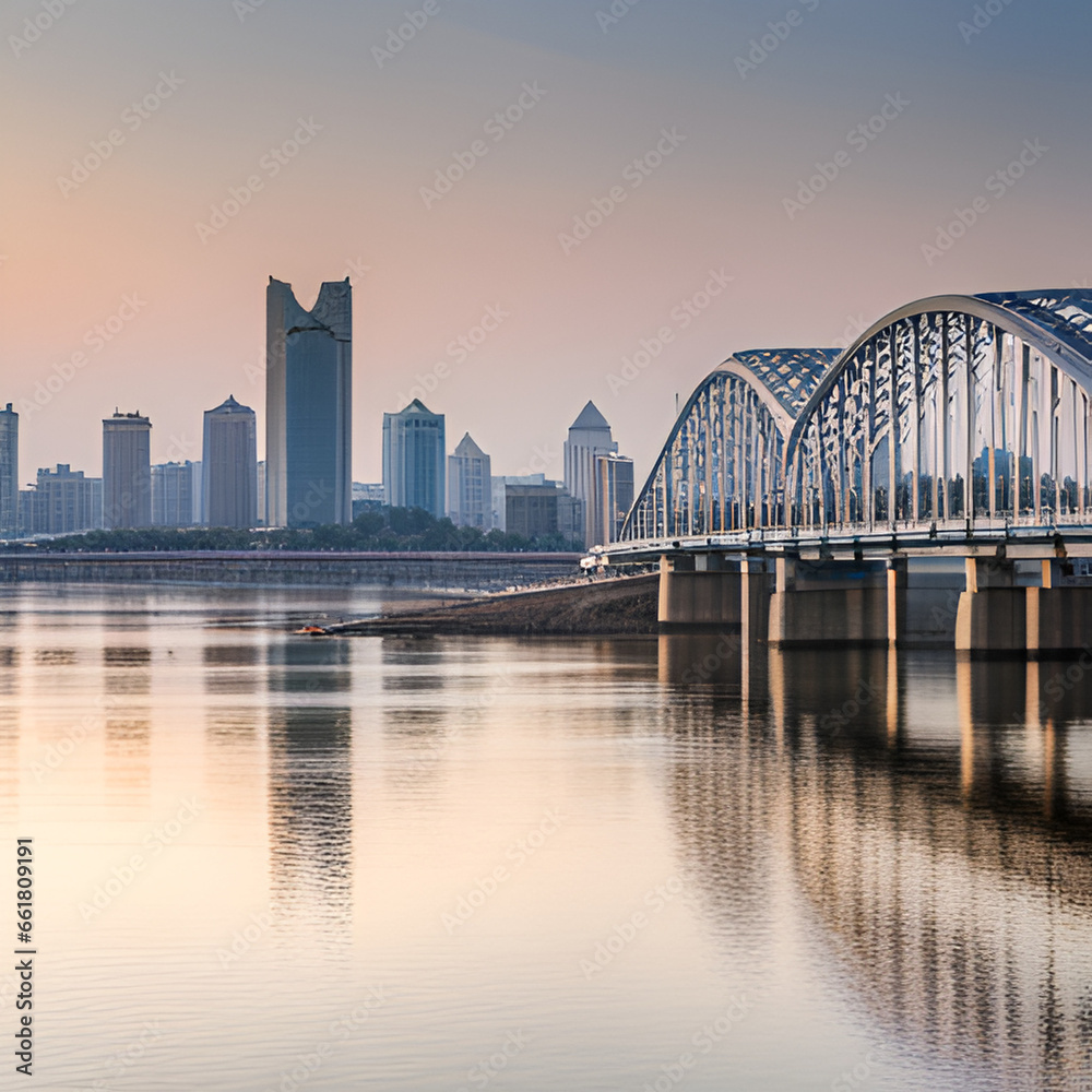 Obraz premium city harbour bridge at dusk. Generative AI