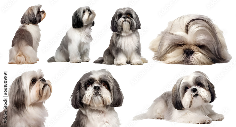 Shih Tzu dog puppy, many angles and view portrait side back head shot isolated on transparent background cutout, PNG file	
