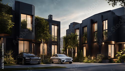  Townhouses in a modern, black modular style. exterior of residential architecture © Simo