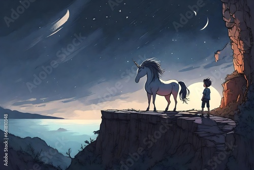 Night scene with a boy standing at the edge of a cliff chasm trying to tame a wild unicorn. Begining of a new friendship, fearless symbol photo