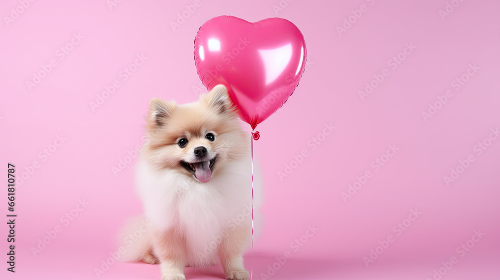 dog wit a red heart balloon on a pink background, romantic dog, Valentine's day celebration  - obrazy, fototapety, plakaty 
