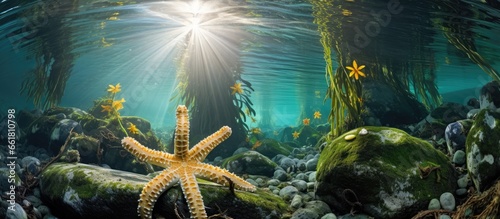Starfish attach to the bottom of the sea in a giant kelp forest Diverse kelp forests grow in the California coast s eastern Pacific waters With copyspace for text