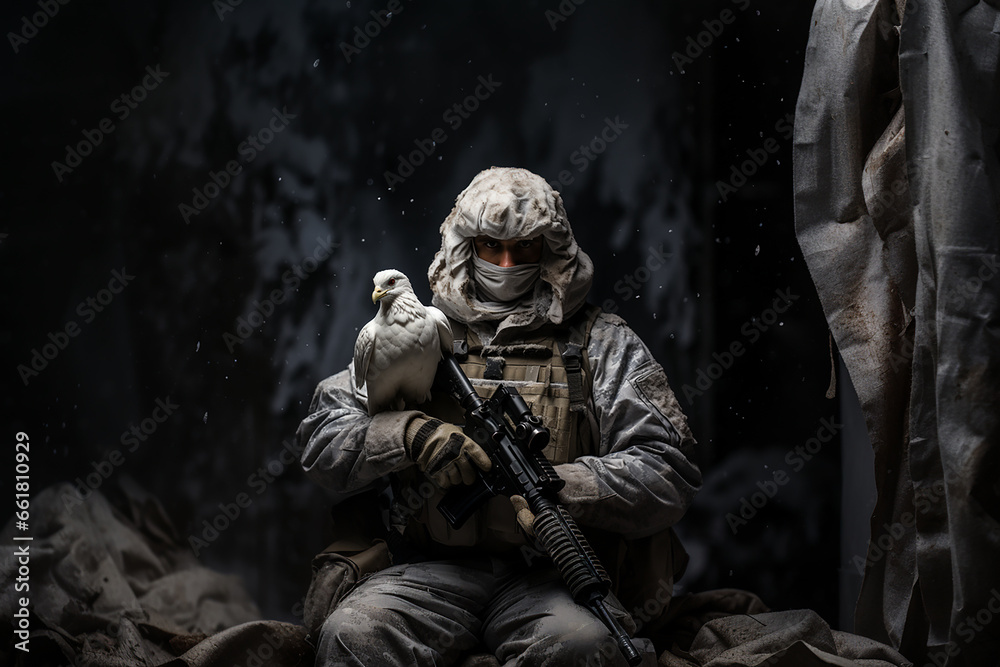 military soldier in camouflage military uniform, carrying a rifle and on the rifle is perched the dove of peace.