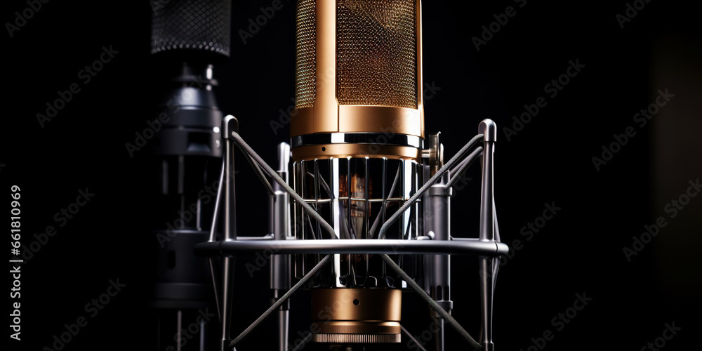Closeup of professional microphone with dark uniform backdrop. Generative AI