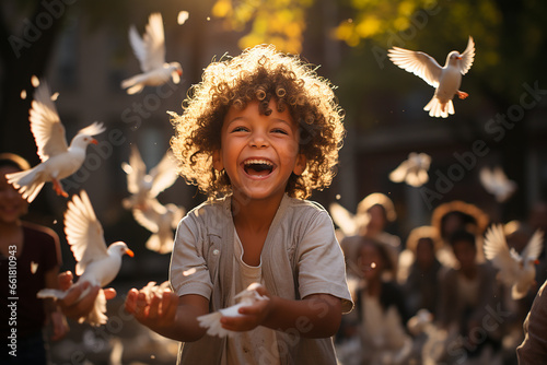 children releasing the dove of peace for world peace photo