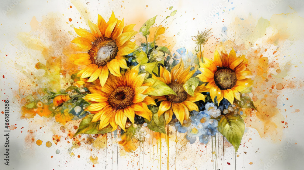 Watercolor sunflowers art, ala prima, painting with spots and splashes, picturesque still life, summer and autumn sunny flowers, poster, background, wallpaper, generative AI - obrazy, fototapety, plakaty 
