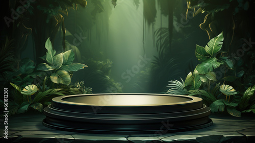 Nature's Stage, An Empty Round Product Display Podium in a Lush Jungle, Generative AI