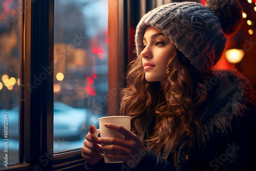 Hermosa chica melancólica tomando café en interior mientras observa por la ventana la ciudad nevada. Refugio invernal. photo