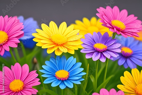 Colorful spring flowers with blue sky in the background.