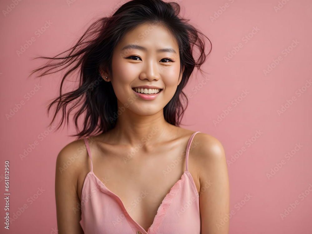 Happy young japanese, asian woman against pink background