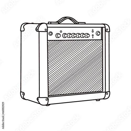 Vector illustration of Outline silhouette of guitar amplifier, percussion musical instrument vector outline line art, isometric view, isolated on white background