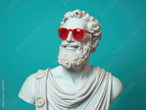 Ancient Greek man bust, wear sunglasses, smiling, minimal concept trend 