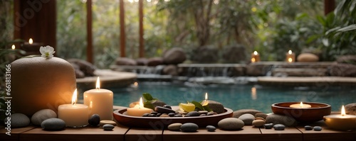 Zen  meditation  relaxing background with poll. Luxury spa resort and wellness haven. Generative AI. 