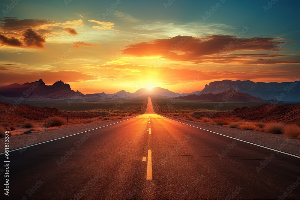 the sun is setting over a road in the middle of the desert, with a line of cars driving down the middle of the road. a road at sunset - obrazy, fototapety, plakaty 