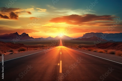 the sun is setting over a road in the middle of the desert, with a line of cars driving down the middle of the road. a road at sunset photo