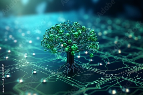 3D-rendered neural network in green tech background represents intelligent smart grid and AI concept. Generative AI