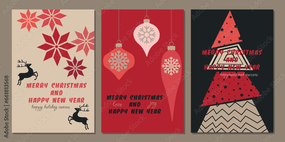 Naklejka premium Set of postcards, invitations. Christmas and New Year. Festive banner. New Year's beauties, deer, Christmas trees. Design in red tones