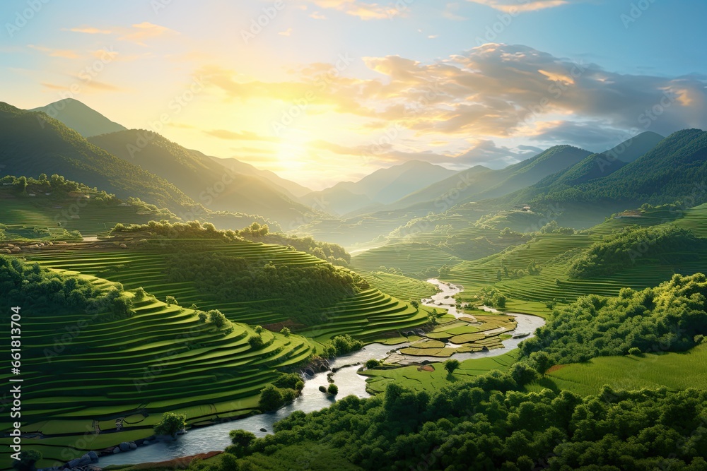 Terraced rice fields of traditional farming village in green mountains