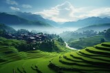 Terraced rice fields of traditional farming village in green mountains