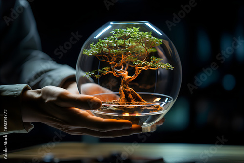 To ujęcie przedstawia delikatne drzewko bonsai, umieszczone w uroczej szklanej kuli. To symbol harmonii i równowagi w miniaturze, idealny akcent dekoracyjny lub inspiracja do dbania o równowagę.