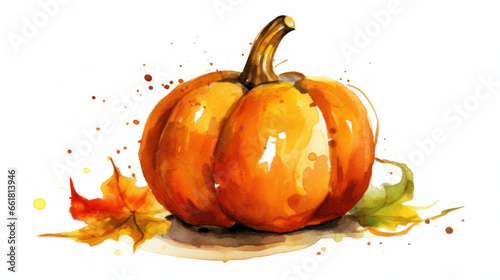 Watercolor painting of a Halloween pumpkin in vivid brown colours tones.