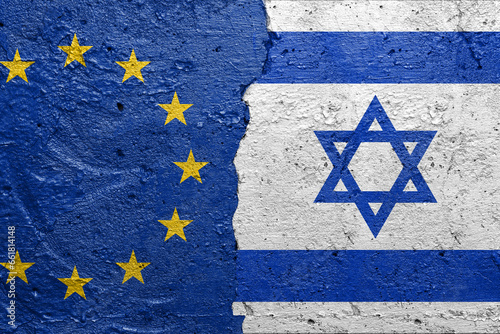 European Union and Israel flag on broken concrete wall background