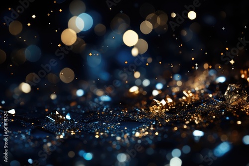 Happy New Year 2024! Glittering background with bokeh defocused lights and stars. Navy Glitter Background for Christmas or Special Occasion