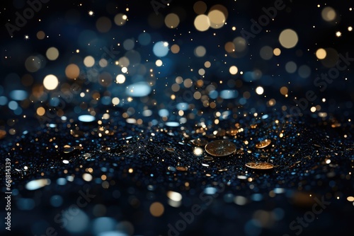 Gold coins falling on dark background with bokeh light effect. Navy Glitter Background for Christmas or Special Occasion