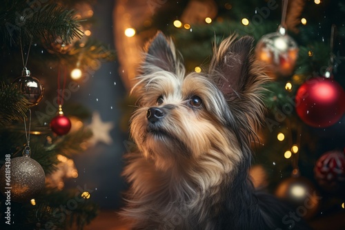 Dog exploring and interacting with Christmas decorations in amusing ways, bringing joy and laughter to the holiday season. Generative Ai