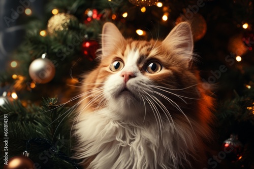 Cat exploring and interacting with Christmas decorations in amusing ways, bringing joy and laughter to the holiday season. Generative Ai