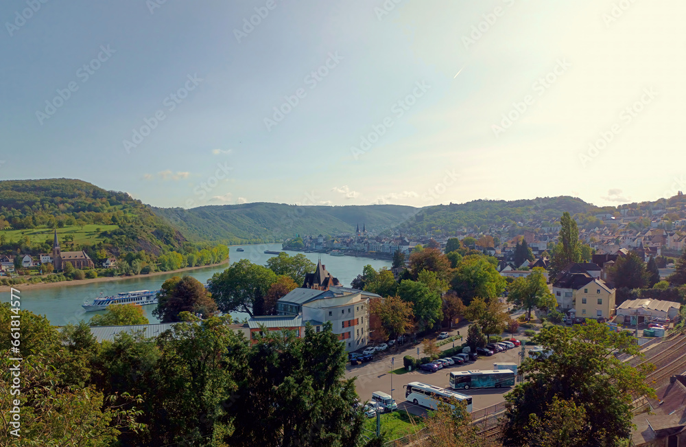 Aussicht auf den Rhein bei Boppard im UNESCO-Welterbe Oberes Mittelrheintal, Rheinland-Pfalz.