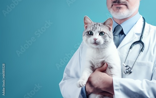 Precioso gato junto a un doctor de la clinica veterinaria. Concepto. Bienestar animal. 
