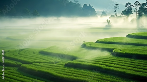 Beautiful mystery green rice fields covered by morning fog, mountain in the background. Generative AI