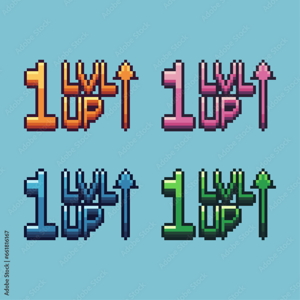 Pixel art sets of gold lvl up with variation color item asset. Simple bits of lvl up on pixelated style. 8bits perfect for game asset or design asset element for your game design asset. Pixel art sets of gold lvl up with variation color item asset. Simple bits of lvl up on pixelated style. 8bits perfect for game asset or design asset element for your game design asset.