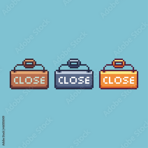 Pixel art sets of close sign with variation color item asset. Simple bits of gold close sign on pixelated style. 8bits perfect for game asset or design asset element for your game design asset.