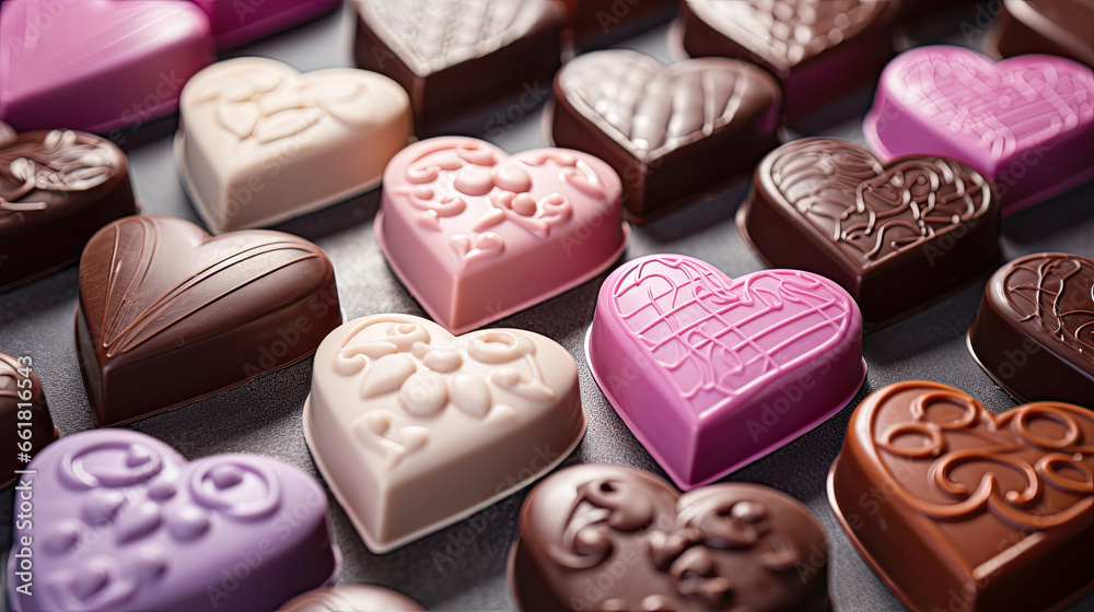 heart shaped chocolate candies top view, Valentine's Day chocolate background 